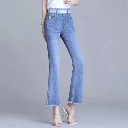 Elastic Waist Flare Nine Points Boot Cut Women Clothing Jeans Autumn High Waist Fashion All-match Elastic Comfortable Pants
