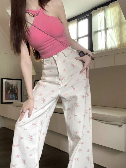 White Floral Jeans for Women Simple High Waist Y2k Cute Youth Spring Autumn Popular Holiday Loose Basic Chic Aesthetic Mopping