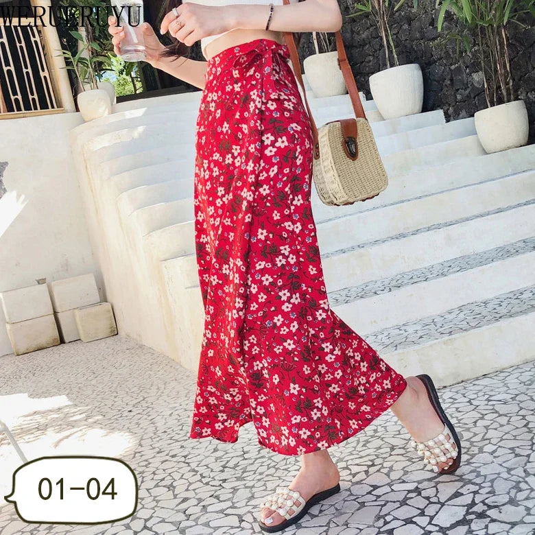 WERUERUYU Wrap Skirts Women Casual Chiffon Tie-Waist Ruffle Wide Leg Loose