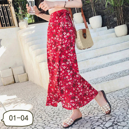 WERUERUYU Wrap Skirts Women Casual Chiffon Tie-Waist Ruffle Wide Leg Loose