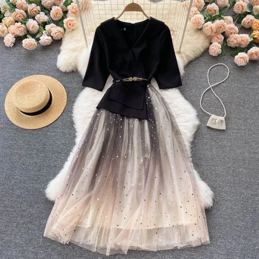Elegant Half Sleeves Vintage V-neck Chic Spliced Stars Sequin Mesh Slim Fairycore Long Dress Evening High Street Summer Clothing