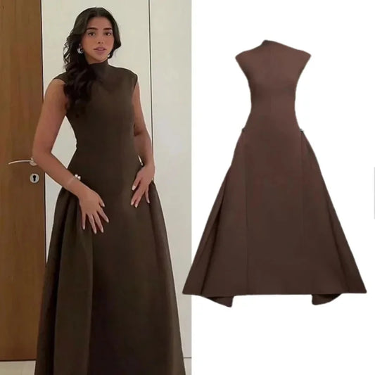 Elegant Oblique Collar Pleated A-line Dress Women Fashion Solid Sleeveless Slim Long Dresses Female 2024 New Evening Party Gowns