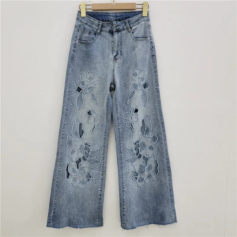DEAT Women's Jeans High Waist Embroidery Flowers Burrs Edge Straight Wide Leg Denim Pants 2026 New Fashion Summer 29L9973