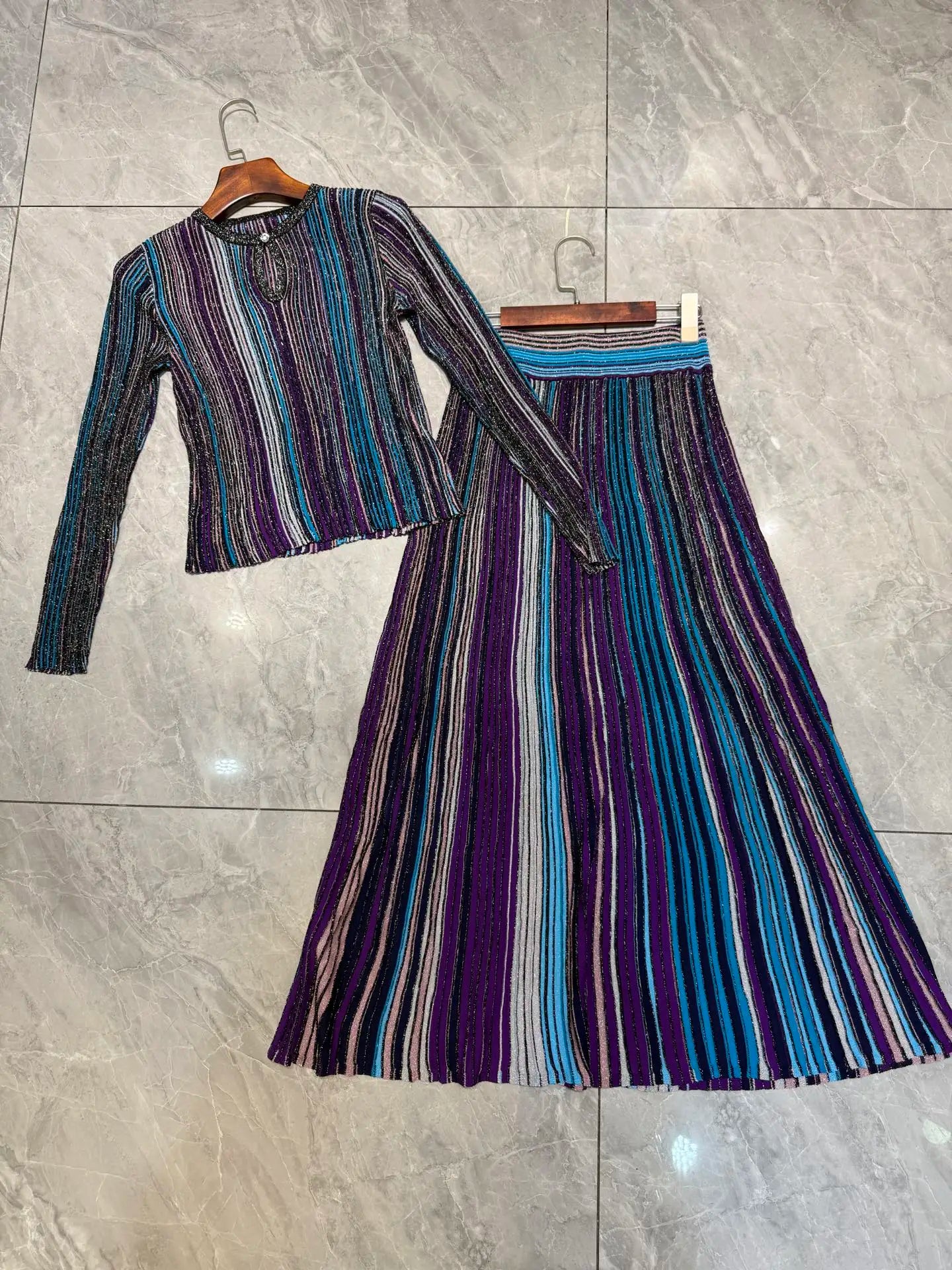 Women Metallic Sequined Striped Long Sleeve Knit Top+ Elastic Waist Long Skirts Sets