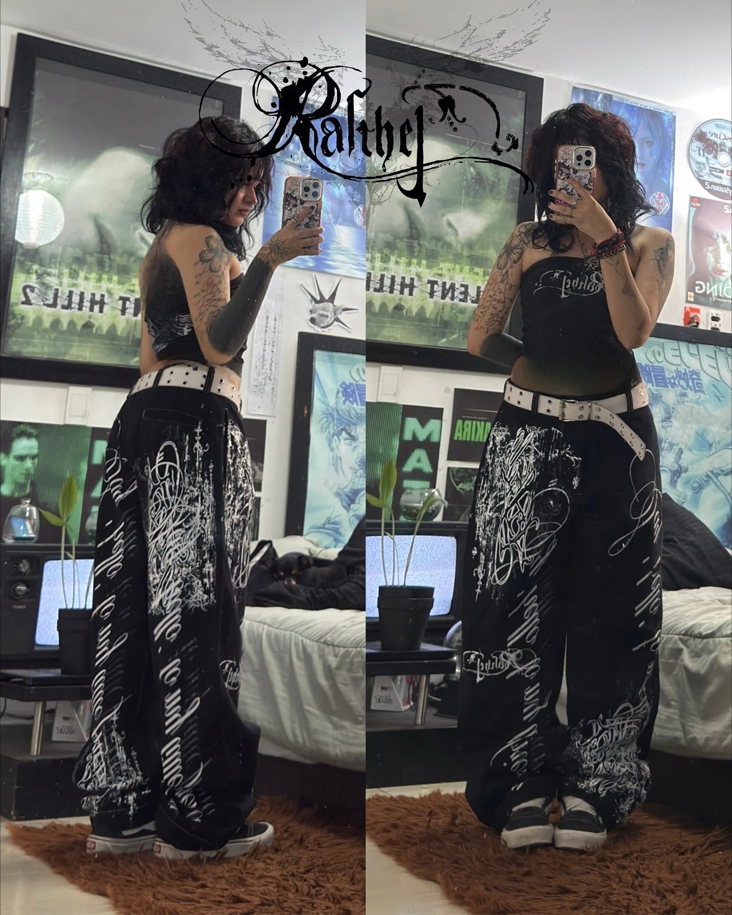 New Cyberpunk Jeans Mens American Y2K Red Graphic Street Goth Baggy Wide-Leg Pants Harajuku Hip-Hop Straight Pants