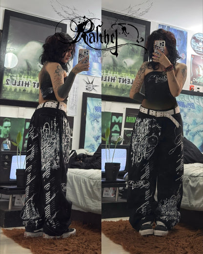 New Cyberpunk Jeans Mens American Y2K Red Graphic Street Goth Baggy Wide-Leg Pants Harajuku Hip-Hop Straight Pants