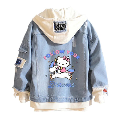 Anime Sanrio Denim Bomber Jacket Hello Kitty Hooded Jeans Sweatshirt Unisex Ripped Hole Cosplay Hoodie Long-Sleeved Denim Jacket
