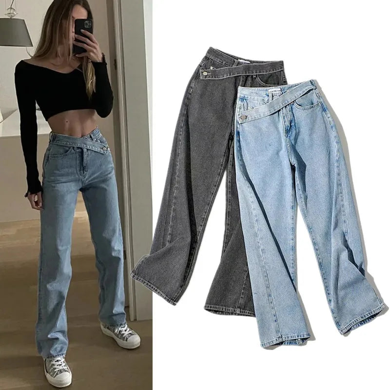 Spliced Wide Leg Denim Pants Women Ankle Length Jean Solid Loose Pockets High Waist Washed Vintage Jeans Zipper Fly Basics 2024