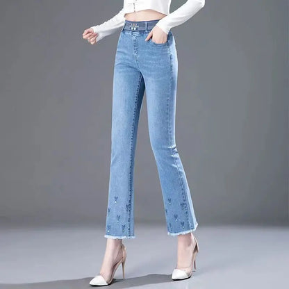 Elastic Waist Flare Nine Points Boot Cut Women Clothing Jeans Autumn High Waist Fashion All-match Elastic Comfortable Pants
