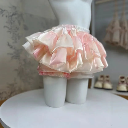 Sweet Elastic Waist Short Skirt Chic Ruffle Cake Princess Satin Puffy Skirt