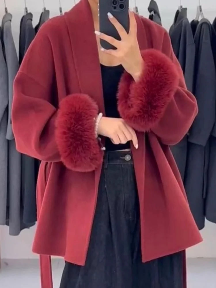 Elegant Lace Up Woolen Short Coat Solid Loose Lapel Furry Belt Long Sleeve Female Jacket 2026 Spring Autumn Lady Chic Cardigan