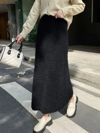 Autumn Winter New Knit Long Skirt Women Casual Thick Korean High Waist Soft A-Line Skirt