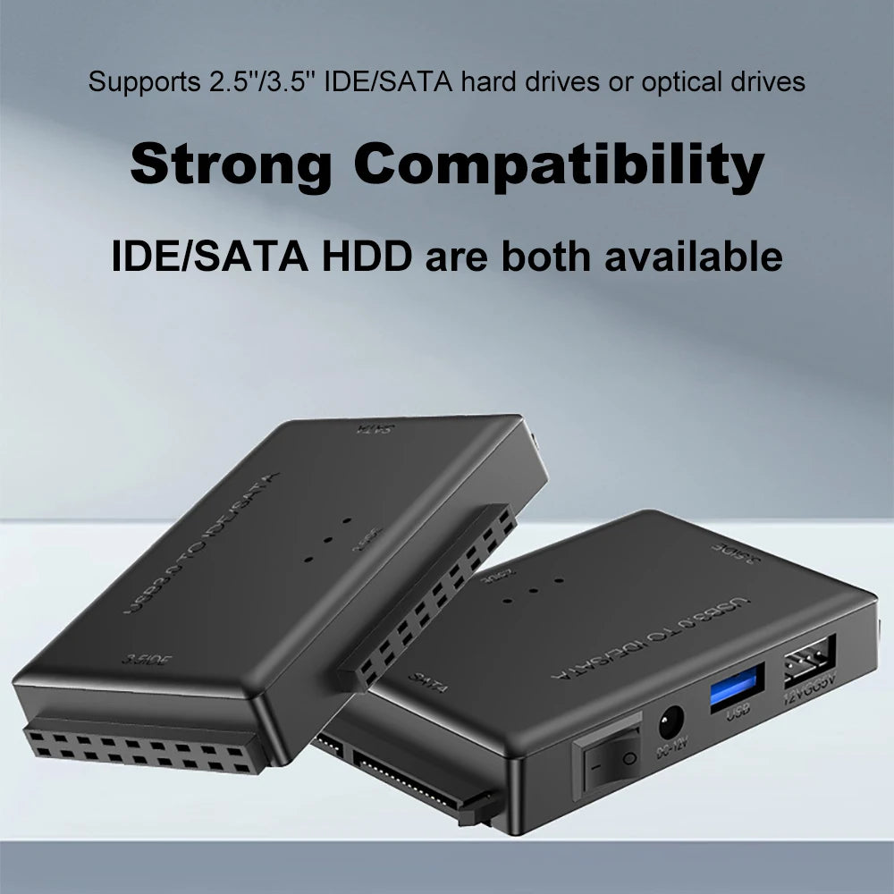 3-in-1 External Hard Drives Reader USB 3.0 to SATA/IDE Adapter for 2.5-inch and 3.5-inch HDD/SSD with 12V/2A Power Supply