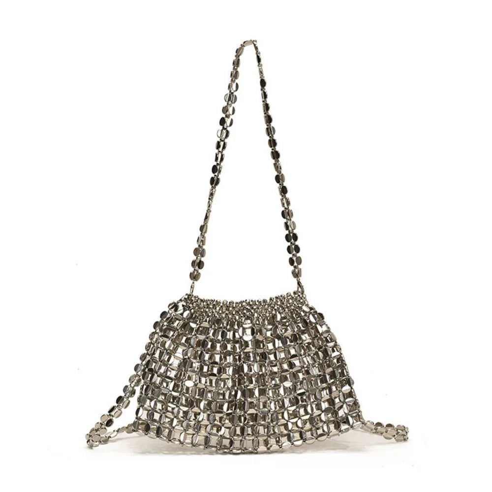 Casual Sequin Evening Banquet Bag Temperament Underarm Bag Woven Beaded Crossbody Bag Mini Small Purse Silver Shiny Bag Women
