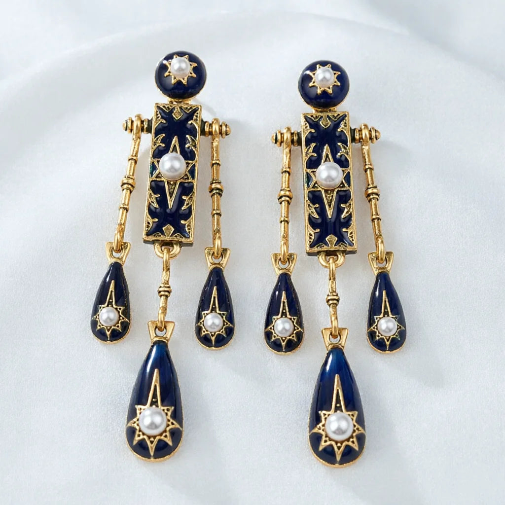 Bohemian Blue Drip Glaze Tassel Earrings Vintage Retro High-End Sensation Daily Commute Ear Jewelry Women's Fashion Accessories
