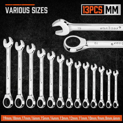 HORUSDY 13Pcs 6-19mm Metric Ratcheting Wrench Set, 72 Tooth Chrome Vanadium Steel Combination Wrenches with Storage Rack