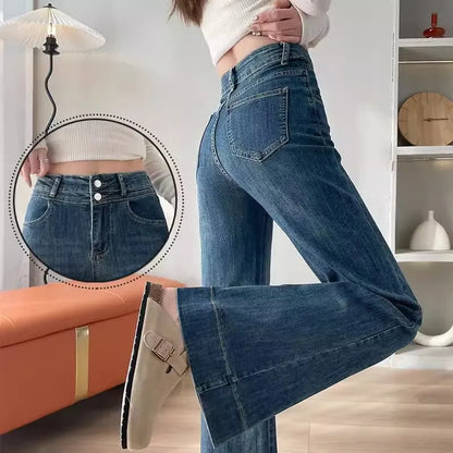 Retro Blue Jeans for Women Spring and Autumn 2025 New Ladies Draped Flared Pants High Waist Slimming Loose Wide Leg Pants