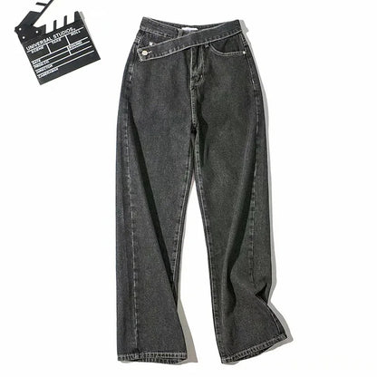 Spliced Wide Leg Denim Pants Women Ankle Length Jean Solid Loose Pockets High Waist Washed Vintage Jeans Zipper Fly Basics 2024