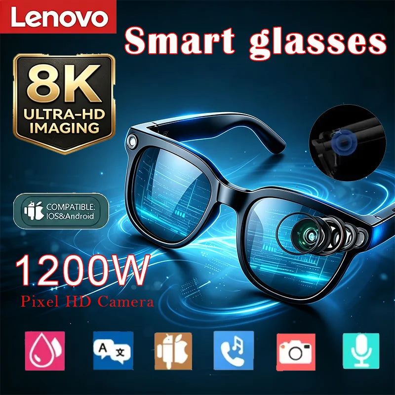 Lenovo 2026  8K HD AI Smart Sunglasses Touch Control Photo Recording Translator Voice Assistant Music Bluetooth Wireless Glasses