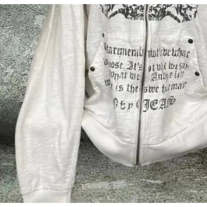 Vintage Sweatshirts 2024 Women's Clothes White Print Tunic Hooded Y2k Coat Streetwear Fashion Casual Hoodies Tops Ropa Mujer