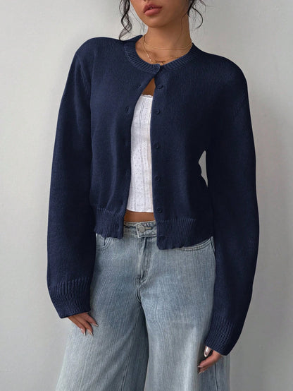 Women's Casual Solid Color Round Neck Long Sleeve Loose Cropped Top Single-breasted Sweater Cardigan Streetwear Autumn/Winter