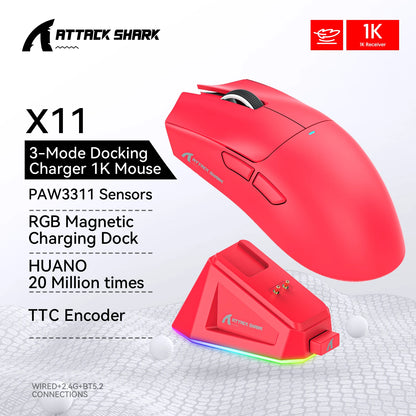 Attack Shark X11  X11SE Wireless Gaming Mouse 3-Mode , PAW3311, 22000DPI, 400IPS, PC Gaming Mouse