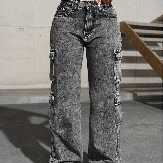 Womens Jeans Y2k Jeans High Waist Stretch Cargo Pants Multiple Pockets Casual Trousers For Ladies Fashion Retro Style