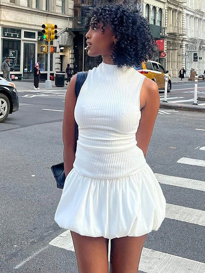 Summer Elegant Knitting Sleeveless Backless Short Bubble Ball Women'S Dresses Elegant Evening Casual Clothing Y2K Streetwear