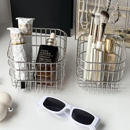 Iron Storage Basket Square Metal Bin Organizer For Bathroom Vanity Cosmetics Skincare Masks Lipsticks Countertop Holder