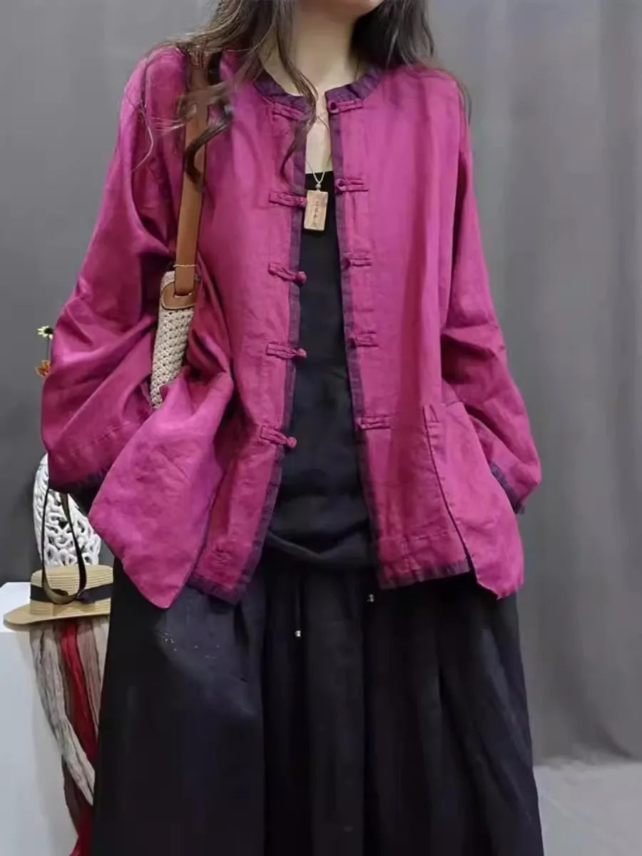 Linen Shirt Jacket Chinese Style Contrasting Color Plate Buckle Cardigan Women's Stand Up Collar Retro Casual Loose Top K1861