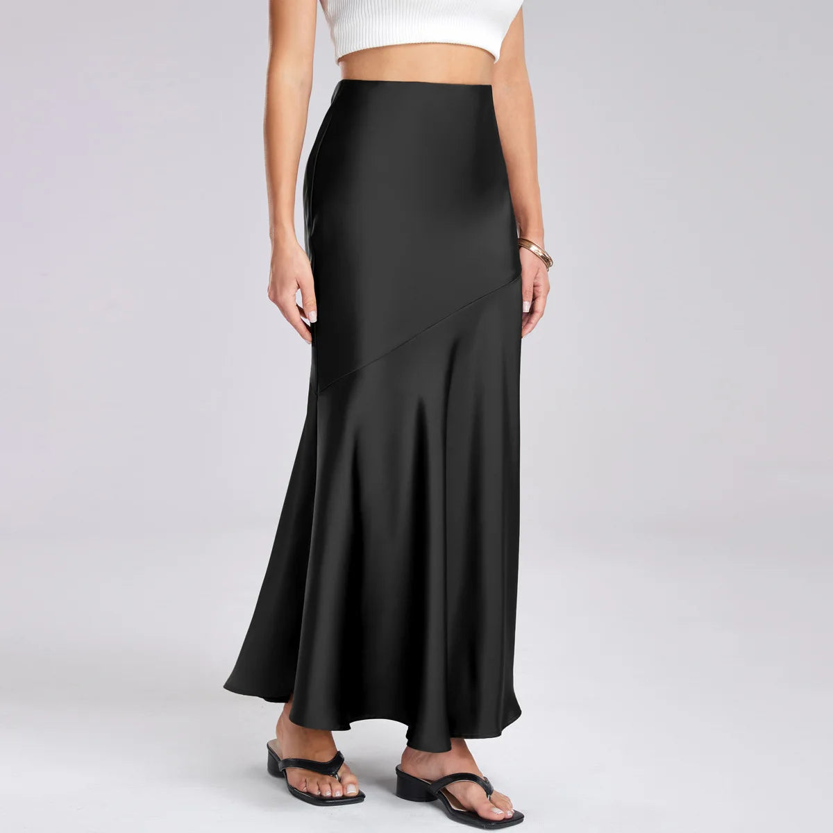 Fishtail Maxi Skirt Elegant Faux Silk Satin Skirts for Women High Waist A-line Office Lady Skirt Solid Color Glossy Finish W6681