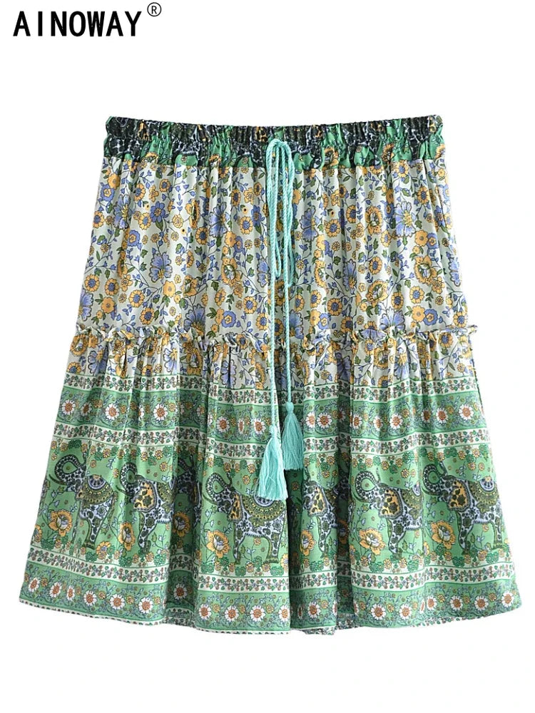 Women Vintage Summer Ruffles Tassel Pleasted Bohemian Skirt Green Floral Printed Rayon Lady Bottoms Boho Mini Skirts