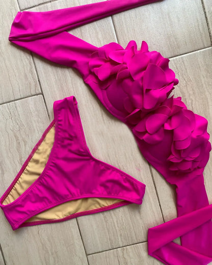 2026 New Summer New Sexy Petal Push Up Backless Bikini Set Women Fashion Flower Ruffles Bikini Lady Solid Beachwear Bathing Suit
