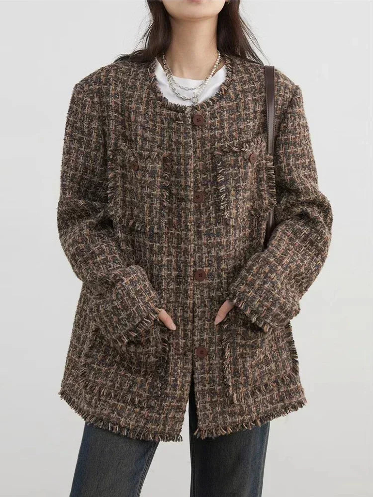 CHIC VEN Women Coat Single Breasted Retro Loose Jacket Frayed Edge Design Female Top Office Ladies Clothing Autumn Winter 2024