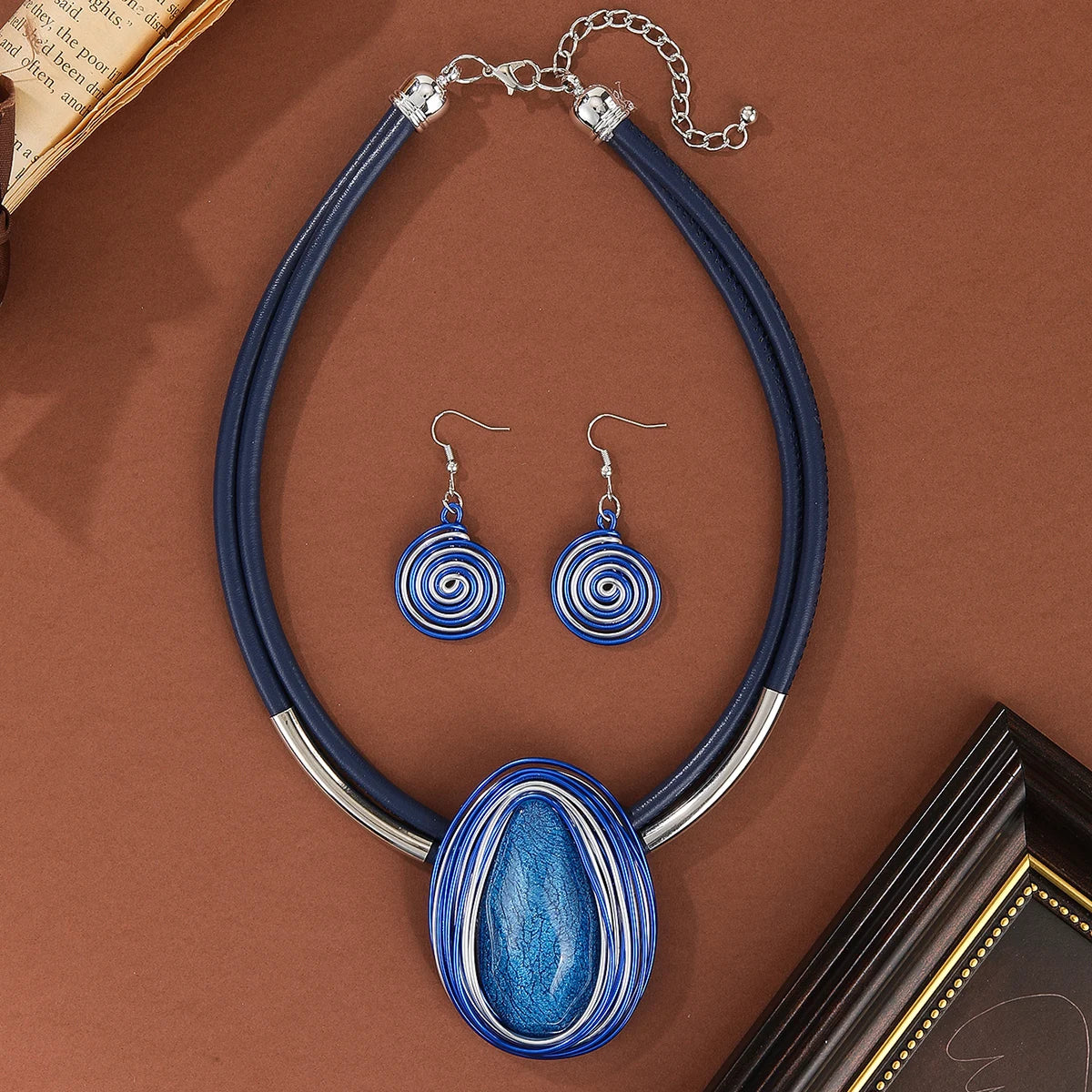 Trendy Fashion Resin Gems Aluminum Wire Woven Water Drop Pendant Necklace Earring Jewelry Set For Women Party Accessories
