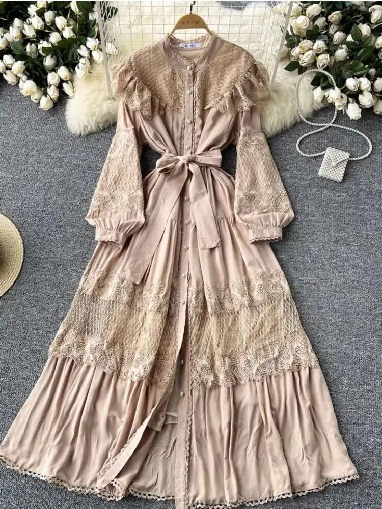 LGRQ For Women's Lace-up Single Breasted Lace Dress Fashion Hollow Out Bead Button Round Neck Dresses 2025 Autumn New Clothing