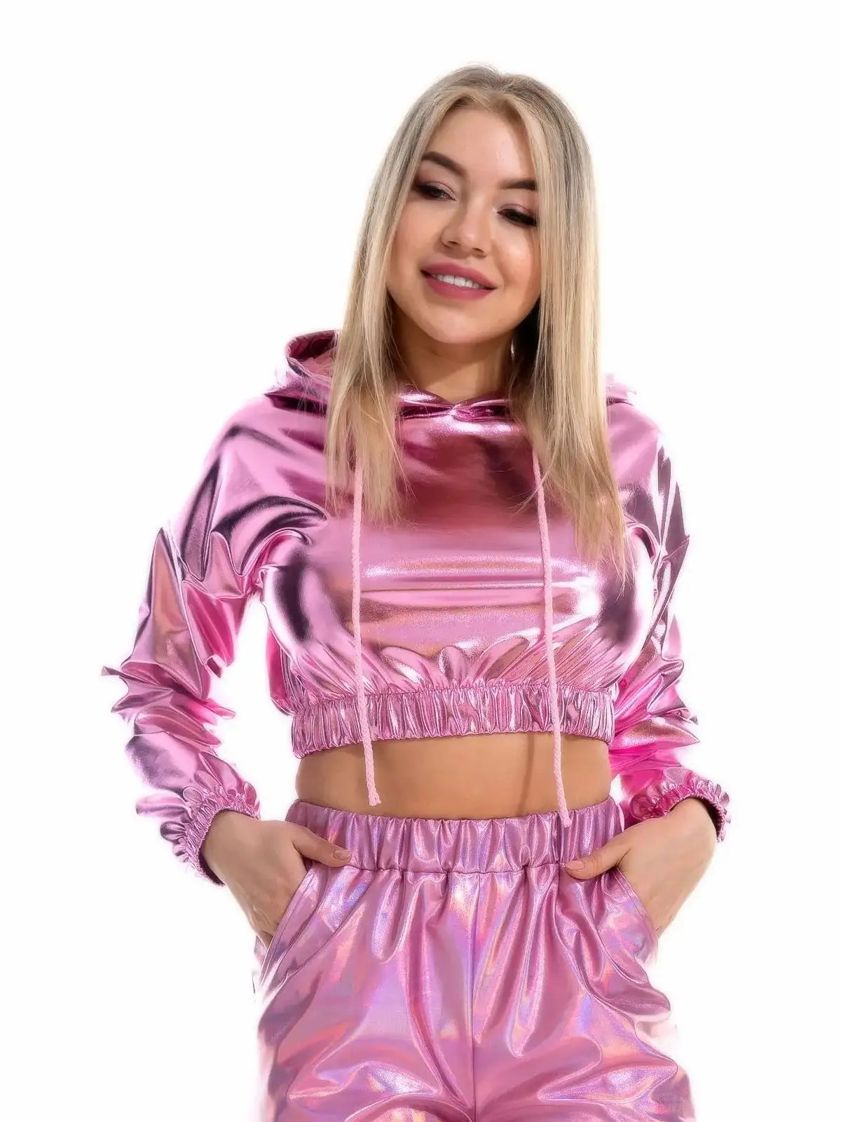 Sexy Cropped Holographic Hoodies Women Shiny PU Metallic Hoody Long Sleeve Short Sweatshirt with Drawstring Pullovers Streetwear