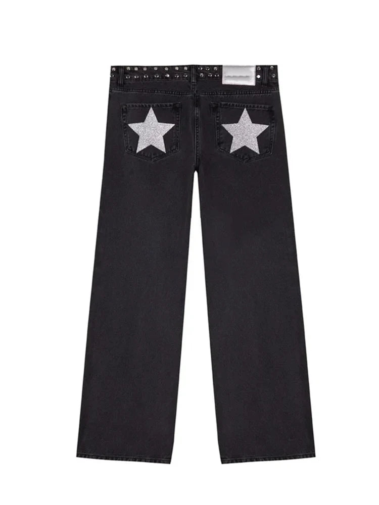 Y2K Vintage Jeans Women High Waisted Denim Pants Five Pointed Star Print Harajuku Street Baggy Casual Straight Leg Trousers