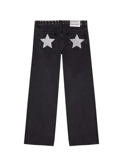 Y2K Vintage Jeans Women High Waisted Denim Pants Five Pointed Star Print Harajuku Street Baggy Casual Straight Leg Trousers