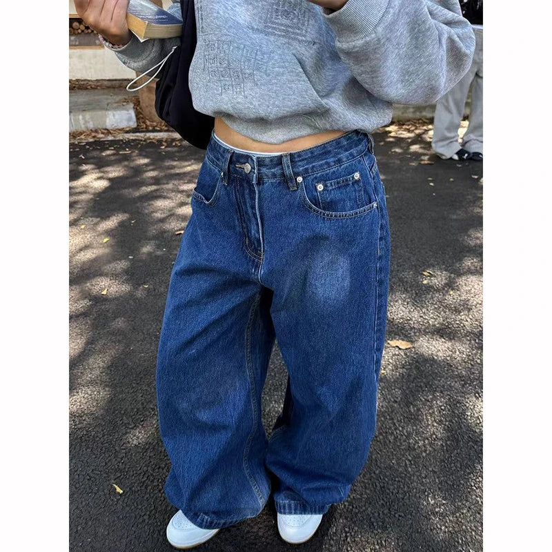 Women Blue Gothic Y2k Baggy Emo Jeans Harajuku Vintage Denim Trousers Aesthetic 2000s Style Oversize Boyfriend Jeans Pants 2025