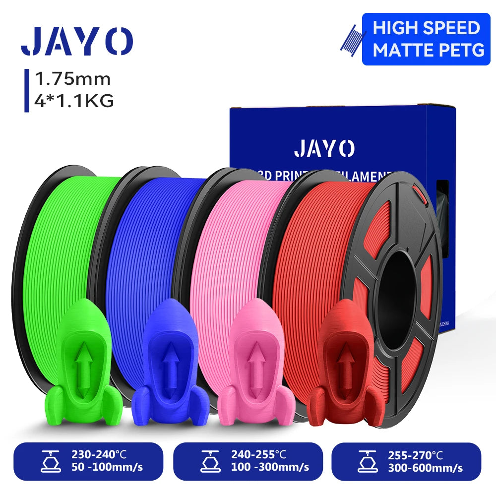 JAYO 4Rolls 3D High Speed Matte PETG 3D Filament 1.75mm 30mm/s - 600mm/s Print Range High Flow Speedy PETG 3D Printer Filament