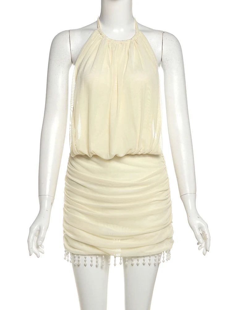 Nibber Lace-Up Halter Mini Dress Women Pearl Tassel Mesh Patchwork Sexy Backless Midnight Club Party Ruched Temperament Outfits