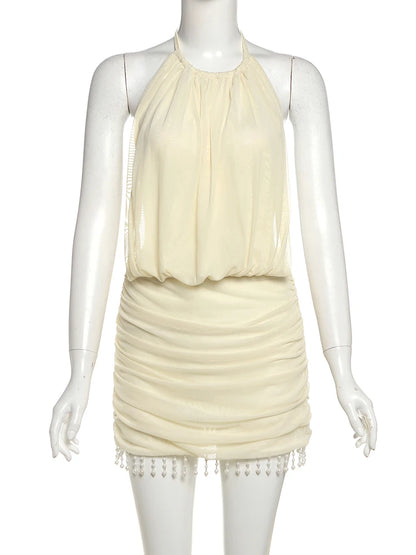 Nibber Lace-Up Halter Mini Dress Women Pearl Tassel Mesh Patchwork Sexy Backless Midnight Club Party Ruched Temperament Outfits