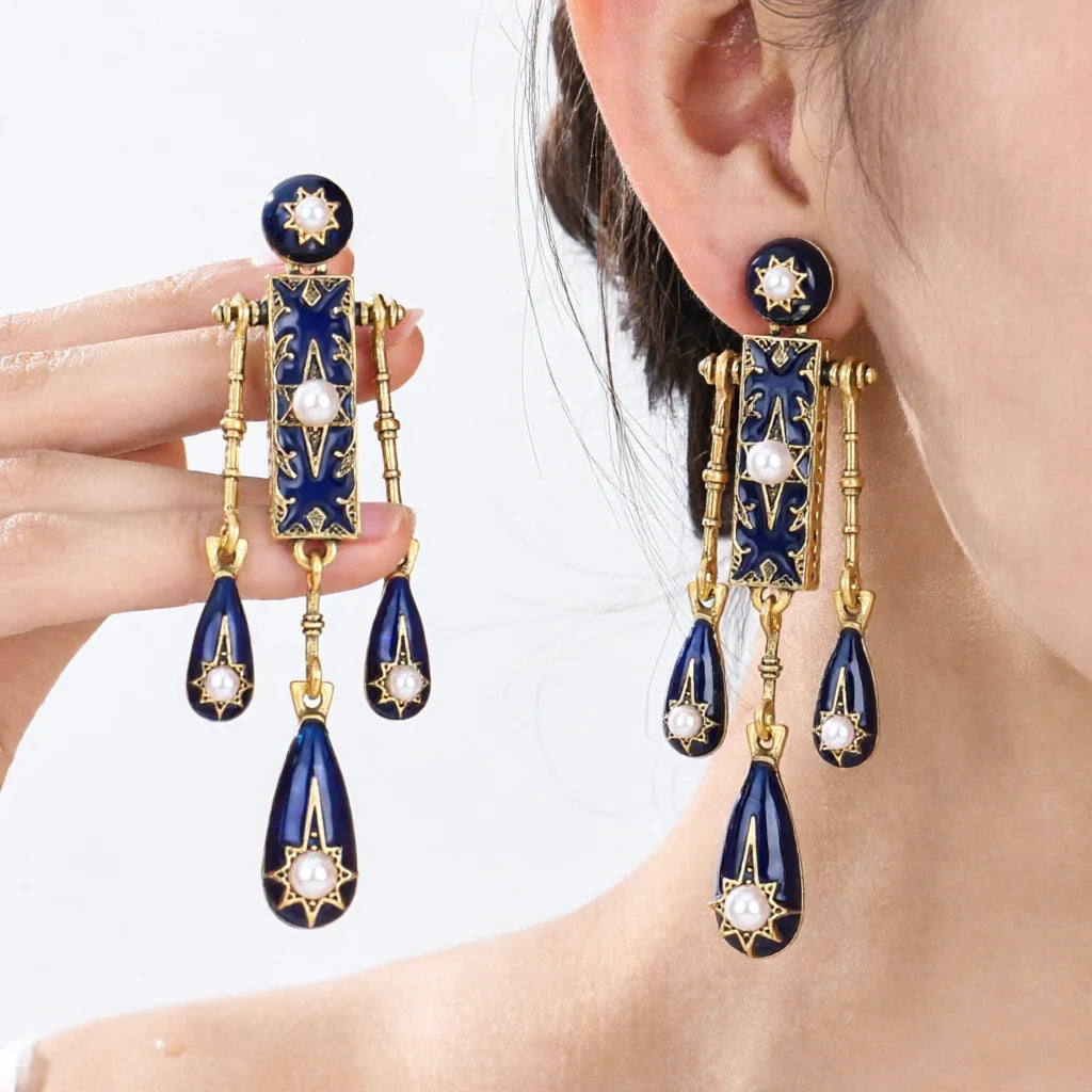 Bohemian Blue Drip Glaze Tassel Earrings Vintage Retro High-End Sensation Daily Commute Ear Jewelry Women's Fashion Accessories