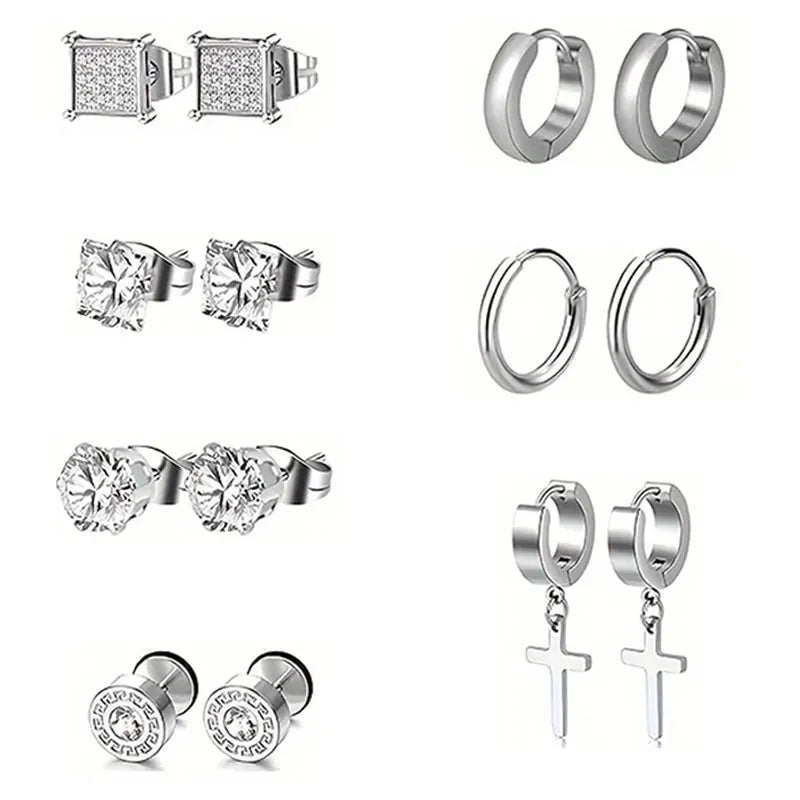21 pairs of men's stainless steel earrings, circular CZ earrings, hypoallergenic earrings, unisex perforated earrings
