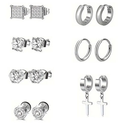 21 pairs of men's stainless steel earrings, circular CZ earrings, hypoallergenic earrings, unisex perforated earrings