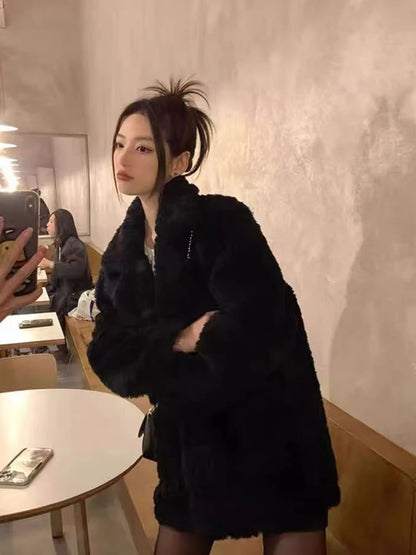 Autumn Faux Lambs Women Coats Y2K Winter Plush Thick Warm A Button Casual Jacket Korean Streetwear All Match Hairy Outerwear