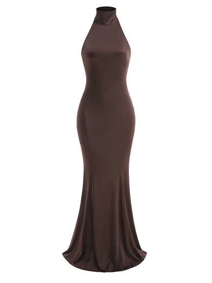 Sexy Halter Neck Backless Slim Maxi Dress Women Browns Sleeveless Halter Neck Bodycon Long Dresses Elegant Evening Party Gowns