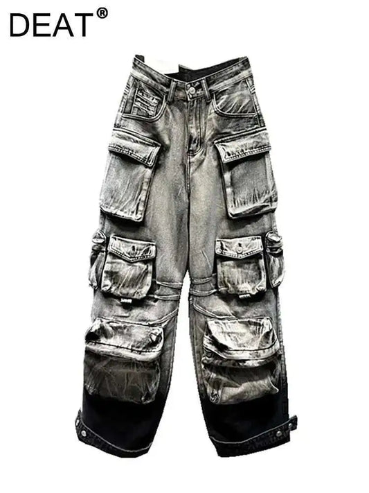 DEAT Women's Jeans Gradient Grey Loose Multiple Pockets Straight Wide Leg Denim Cargo Pants 2026 Summer New Fashion 29L3268