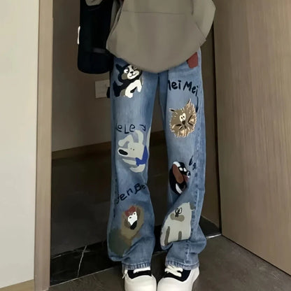 American Style Summer Jeans Women's High Waist Pockets Letter Printing Zipper Washing High Street Casual Wide Leg Straight Pants